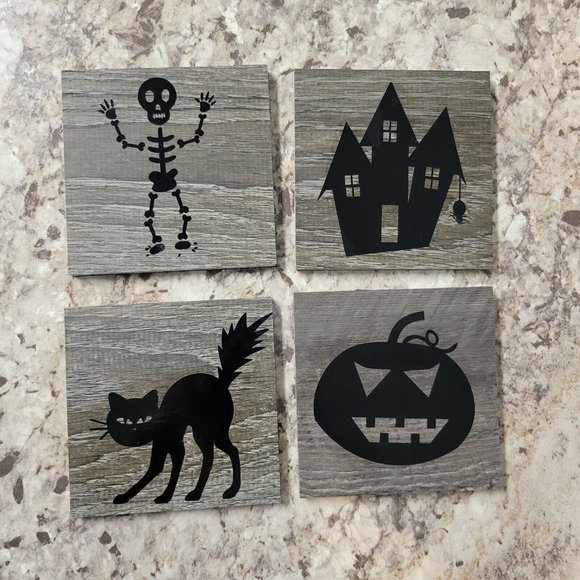Unbranded Other - Lot of 4 Halloween Spooky Decoration Wooden Coasters With Rubber Bottom